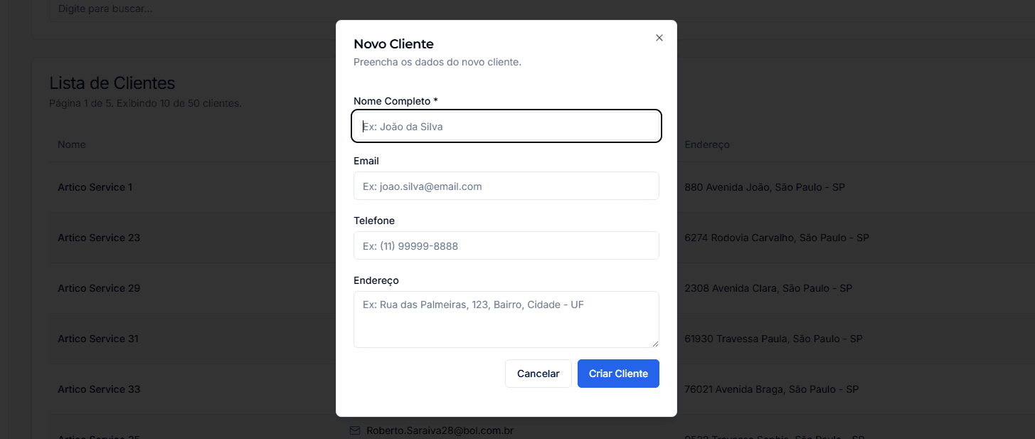 Formulário de cadastro de novo cliente.