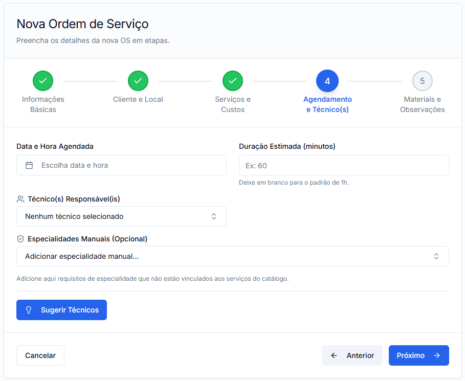 Formulário de criação de OS com atribuição de técnico.