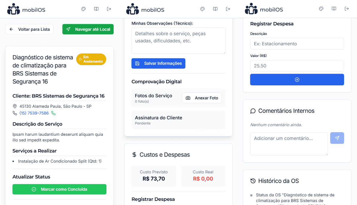 Seções de provas digitais, comentários e histórico na OS do técnico.
