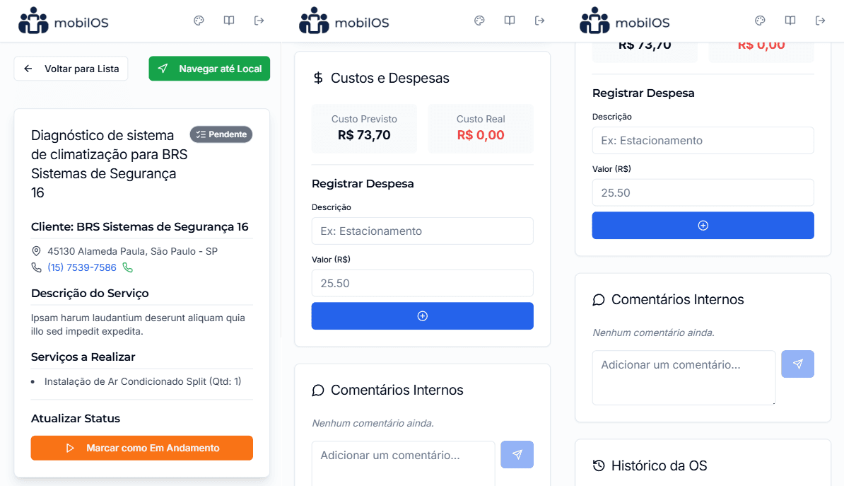 Visão detalhada de uma Ordem de Serviço no painel do técnico.