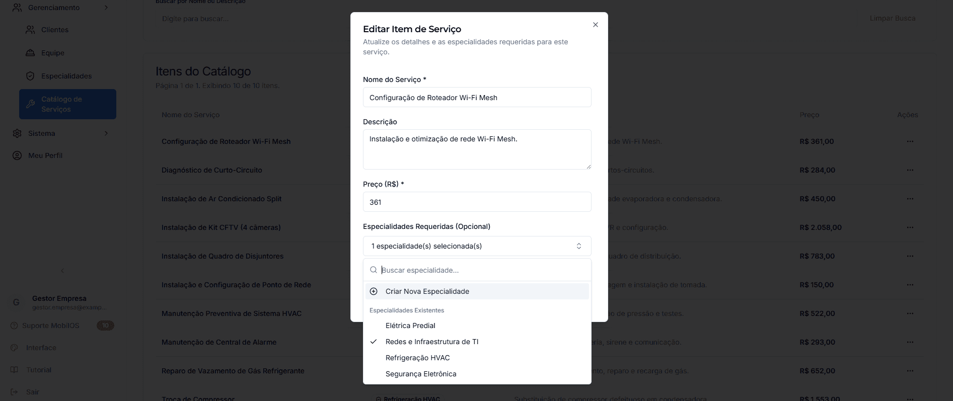 Editando um serviço para requerer especialidades.
