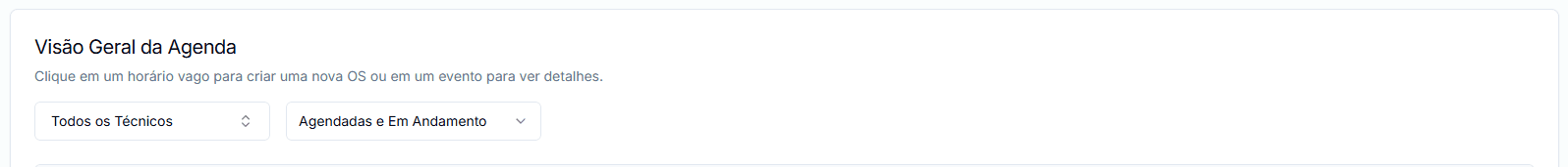 Opções de filtro por técnico e status na Agenda.