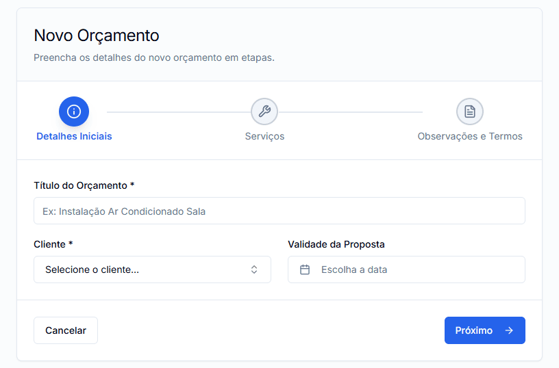 Formulário de criação de orçamento.