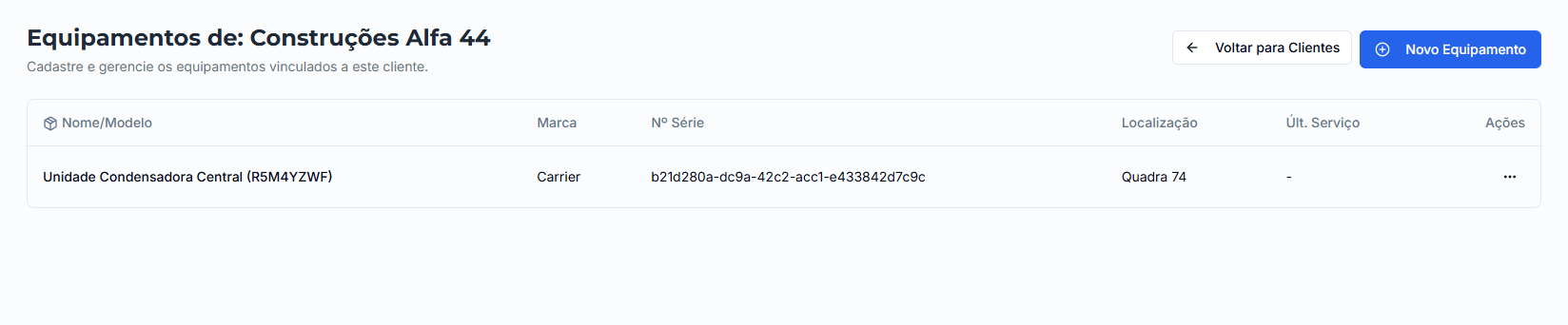 Tela de gerenciamento de equipamentos de um cliente.
