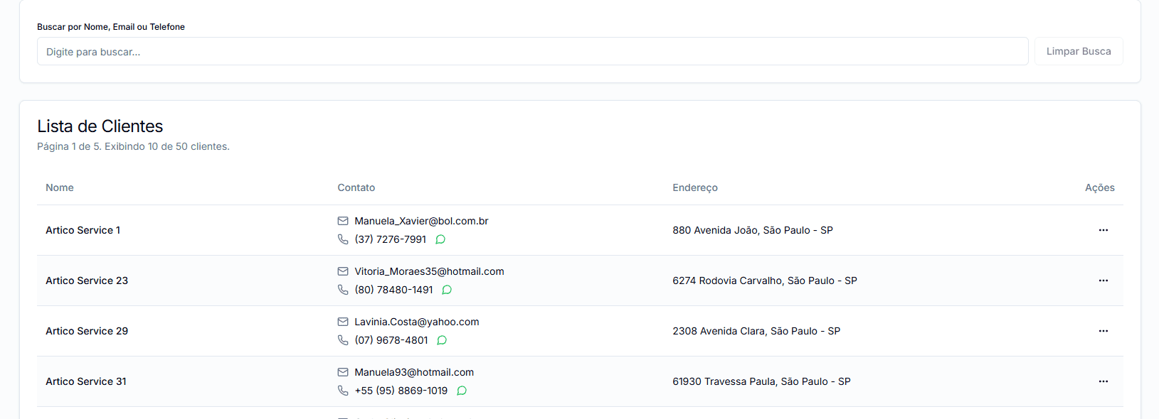 Lista de clientes com barra de busca.