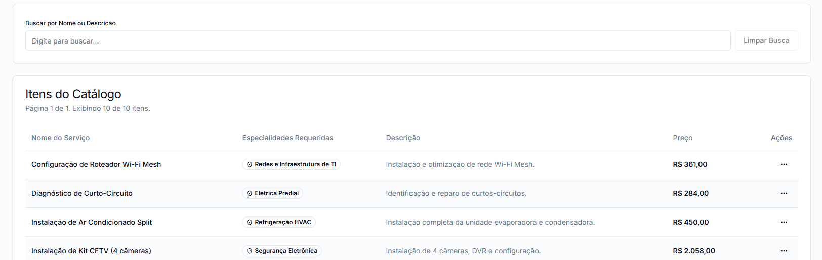 Lista de itens do catálogo de serviços com barra de busca.