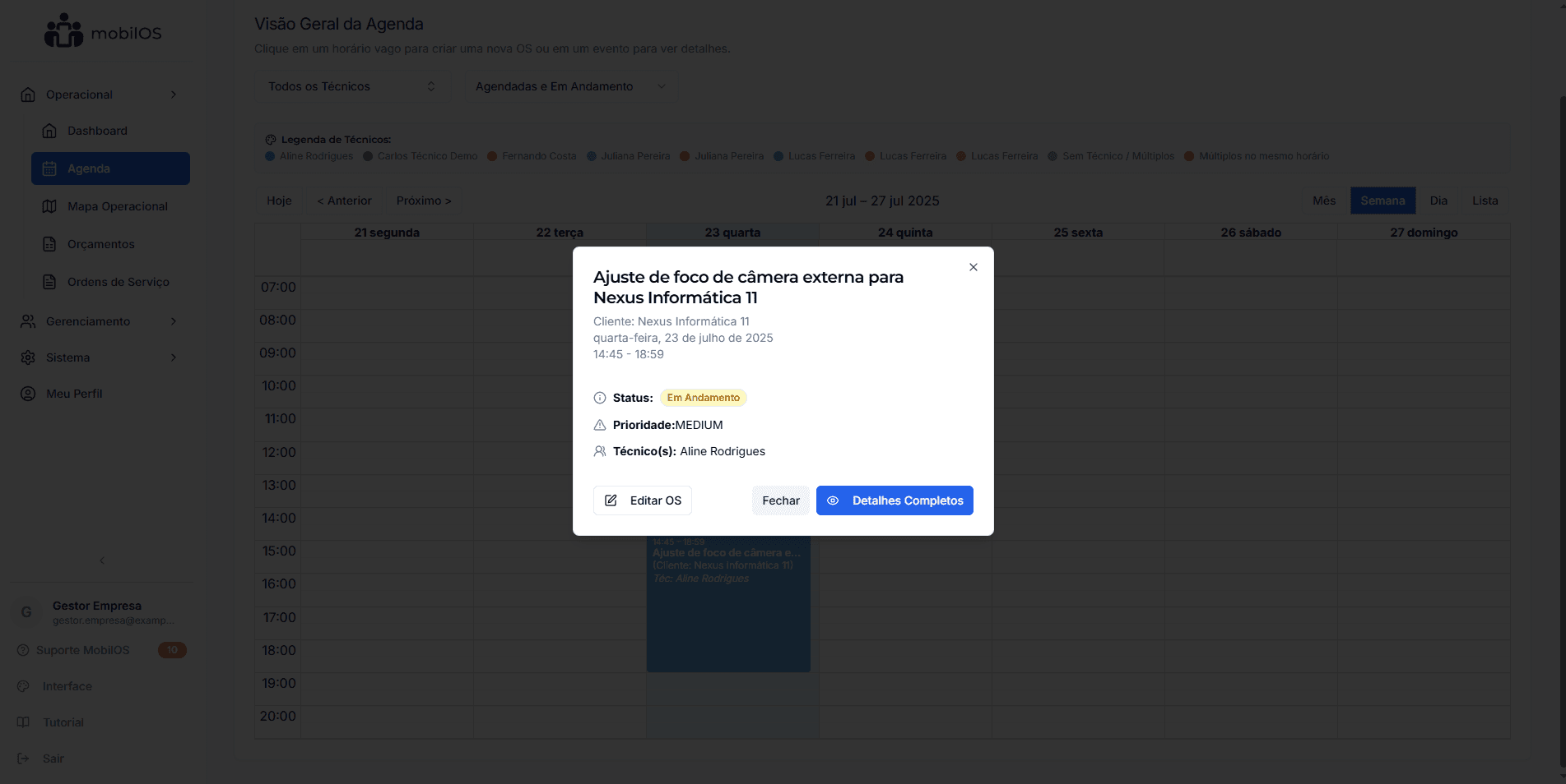 Modal exibindo detalhes rápidos de uma Ordem de Serviço.