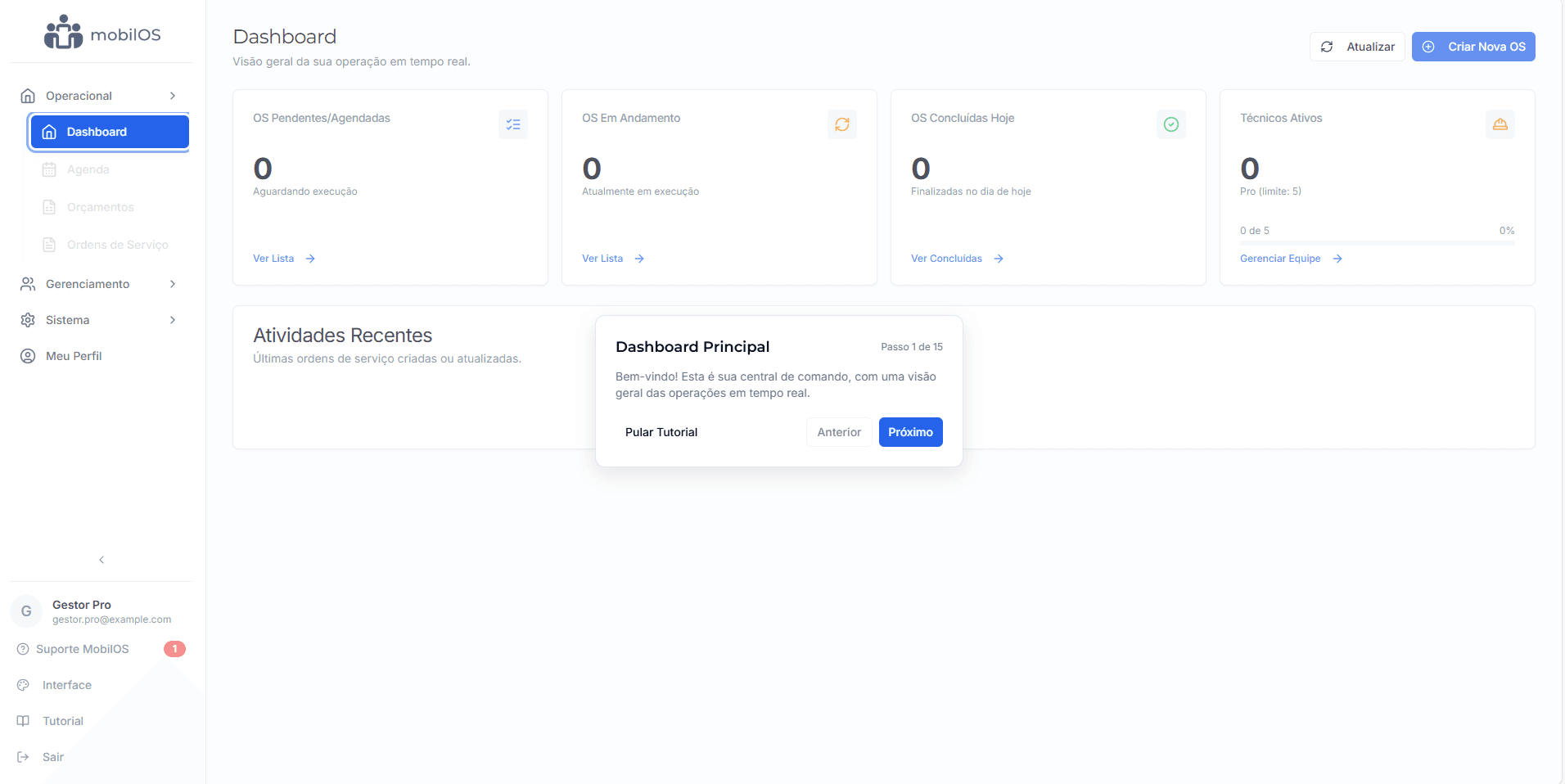 Tela do tutorial guiado inicial da MobilOS.